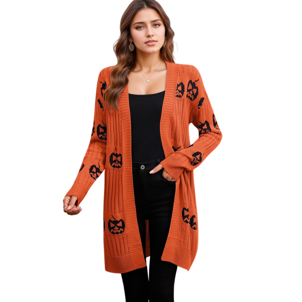 Halloween Knit Cardigan Womens Long Open Front Sweater Holiday Outerwear Coat